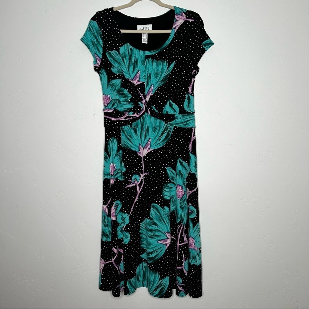 Joseph Ribkoff Black Dress Teal Floral Design Polka Dot Stretch Jersey Size‎ 10